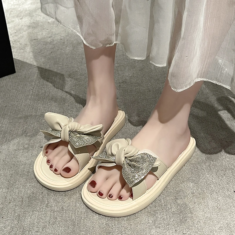 

Тапки женские с бантом-бабочкой, базовые повседневные шлепанцы с кристаллами, лето 2023