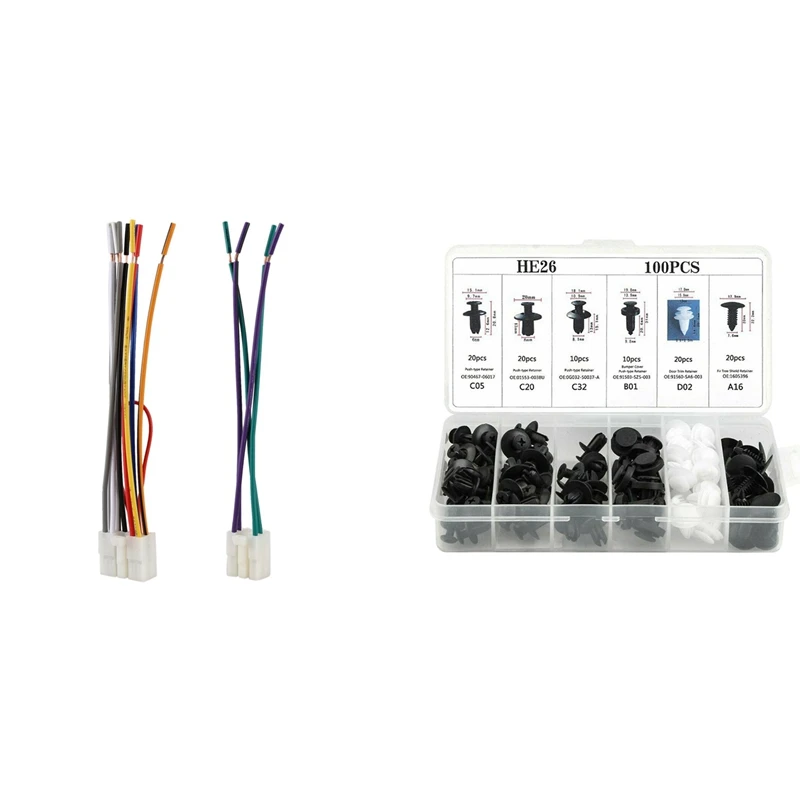 

1 Pair Stereo Cd Player Wiring Harness Connector Cable & 100Pcs Auto Car Fender Liner Fastener Retainer Push Clip Pin