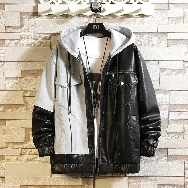 Spring Autumn Fashion Trend Brand Leather Jacket Men Biker Hooded Color Match Long-sleeved Loose Coat Man Dropshipping