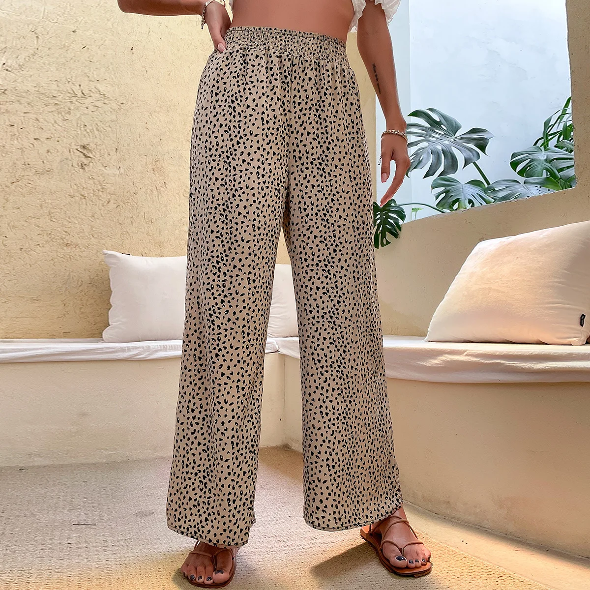 

Summer Ladies Loose High Elastic Waist Pants Women Casual Fashion Printed Polka Dots Trousers Femme Wide Leg Pantalon