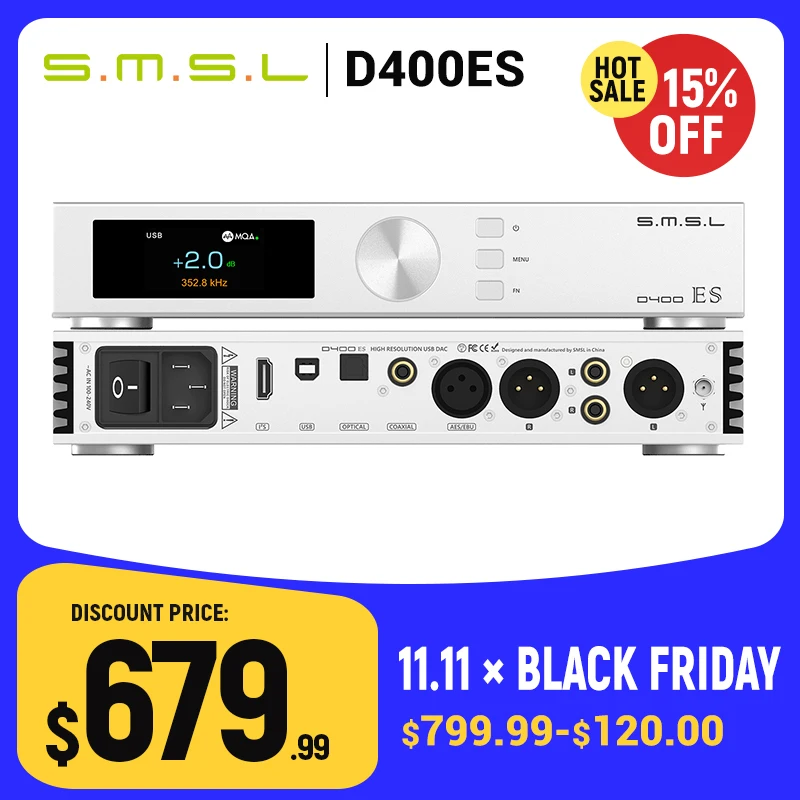 Декодер SMSL D400ES MQA и MQA-CD ЦАП DSD512 ES9039MSPRO чип XMOS XU316 PCM 32 бит/768 кГц JAS HI-Res