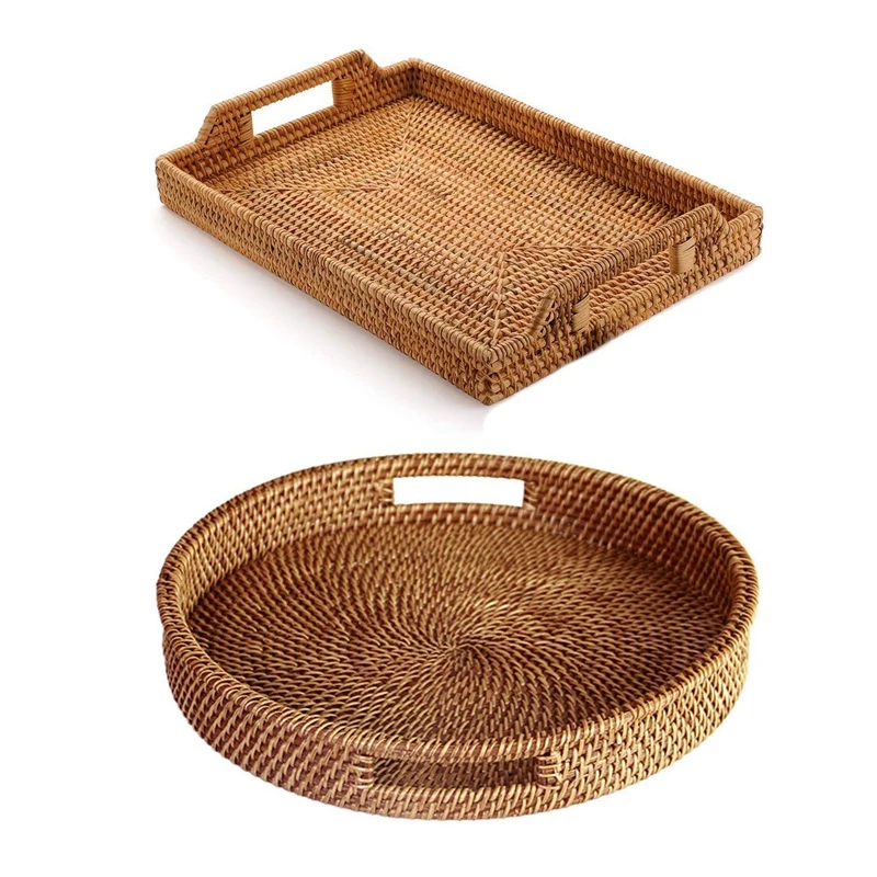 

2 Pcs Rattan Tray With Handle - Hand-Woven Multi-Purpose Wicker Tray With Durable Rattan Fiber Round, 13.5 Inch & 14.5X10.2 Inch