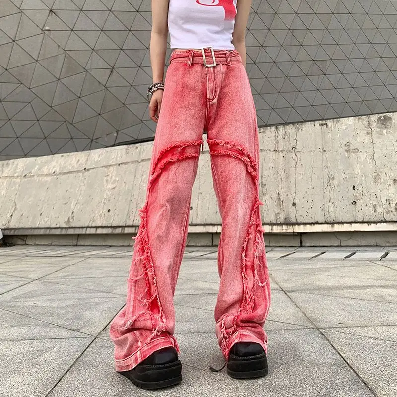 

Niche design sense split washed pink micro-lab jeans female high street wind fashionable thin casual pants pants L