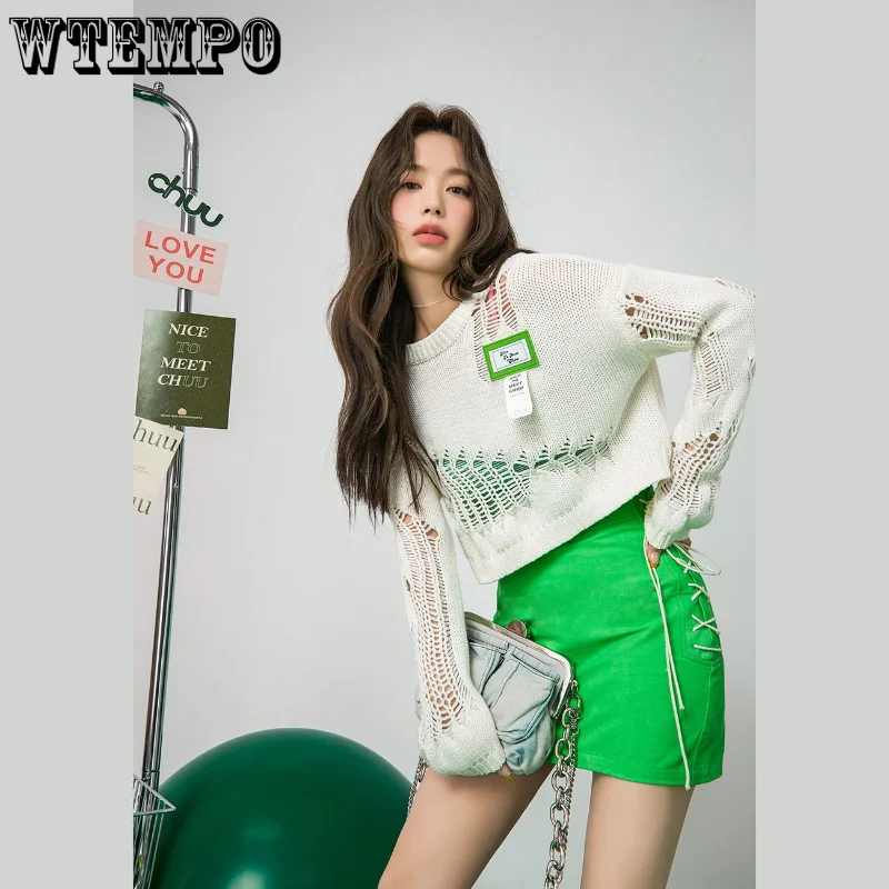 

Hollow Out Long Sleeved Knitted Pullover Fashion Y2K Women Short Top Round Neck Long Sleeves Loose Casual Punk Hotsweet Preppy