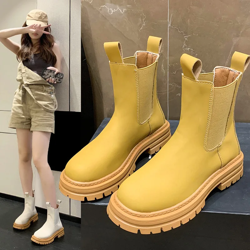 

Женские ботильоны челси, ботинки из искусственной кожи, женские брендовые дизайнерские короткие ботинки на платформе без шнуровки, новинка...