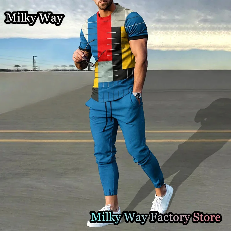 Summer Men Colorful Tracksuit 2 Pieces Color Block T-Shirt Trousers Set Casual Jogging Suit Fashion Outfit Male Streetwear