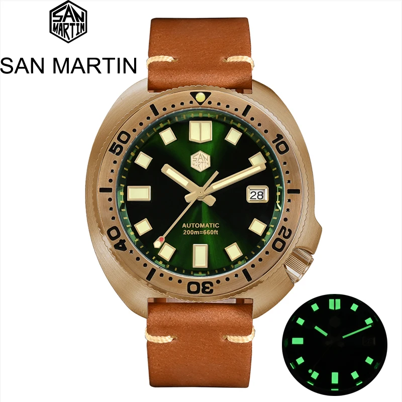 

San Martin Новинка 44 мм Abalone V4 черепаха сплошной CUSN8 бронзовый винтажный акварель Мужские механические часы 20 бар светящийся кожаный ремешок Relojes