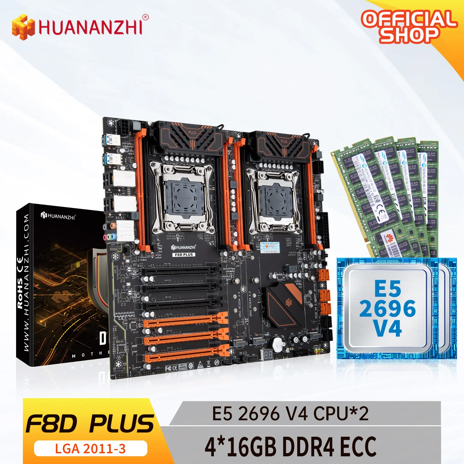 

Материнская плата HUANANZHI F8D PLUS LGA 2011-3, Intel Dual CPU с Intel XEON E5 2696 V4 * 2 с 4*16G DDR4 RECC памятью, комбинированный комплект