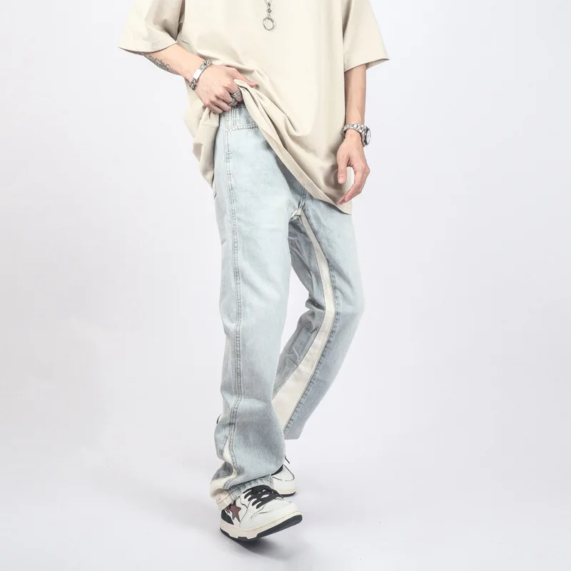 Four Seasons Men Jeans High Street Retro Loose Washed Blue Vibe Style Patchwork Jeans Korean Y2K Pants Ins Hot Sale Men Clothing