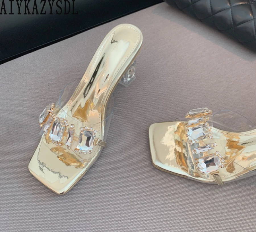 

AIYKAZYSDL Rhinestone Crystal Sandals Slippers Outdoor Shoes Women Slide Mule Clear Transparent Thick Block High Heel Summer