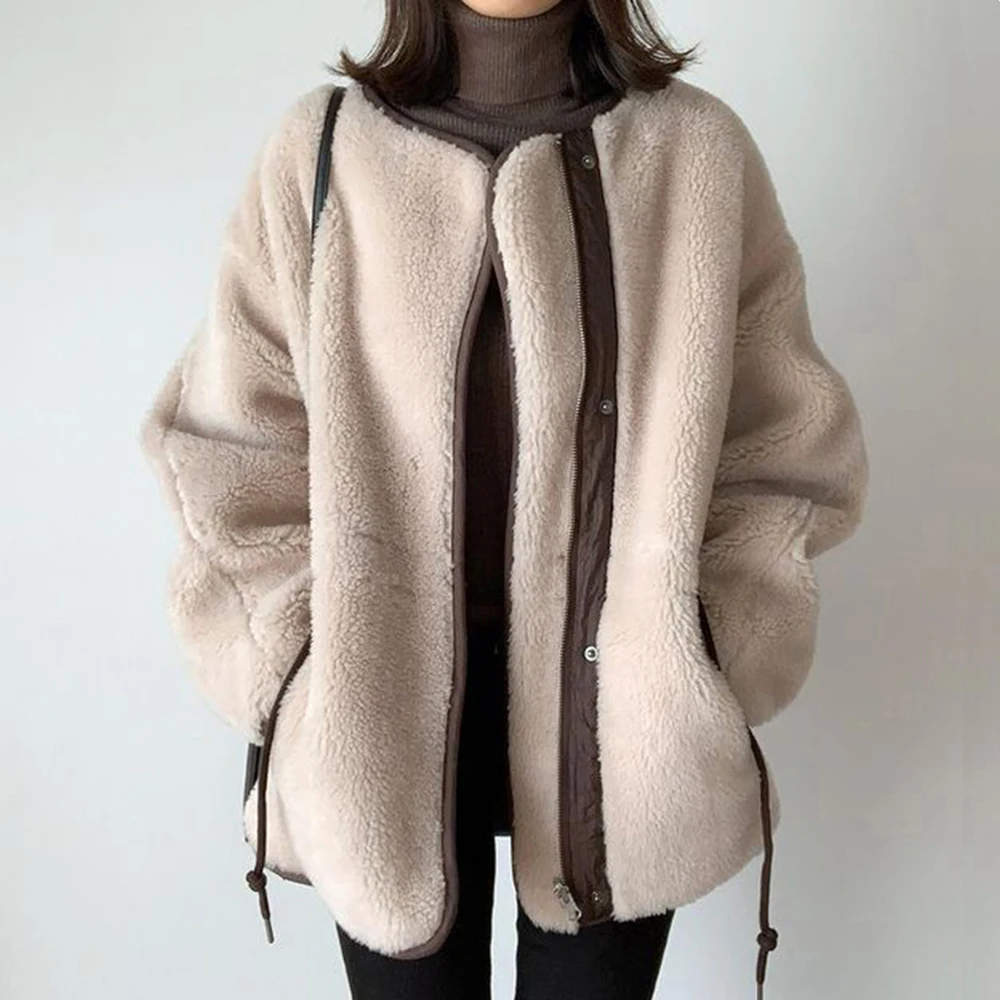 

Winter Women Fashion Minimalism Jacket Solid Round Neck Thicken Loose Patchwork Casual Zipper Pocket Autumn Winter Lady Coats