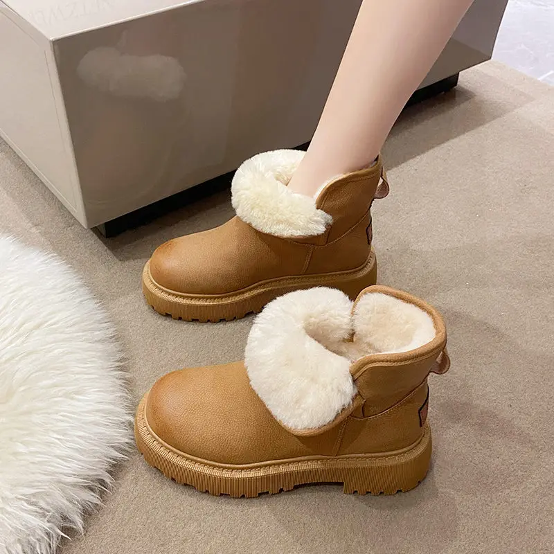 

Женские ботильоны на плоской подошве, белые зимние ботинки на платформе, австралийские ботильоны с круглым носком и плюшевой подкладкой, на...