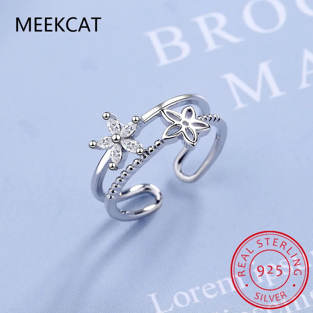 Настоящее серебро 925 блестящее циркониевое двухслойное кольцо с милым цветком