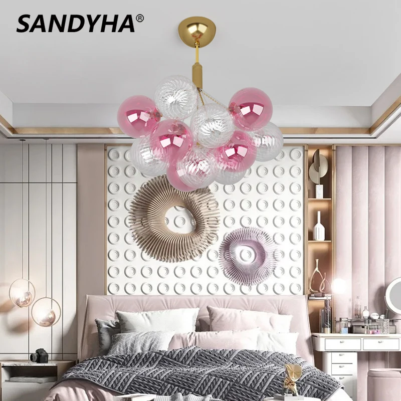 SANDYHA Colored glass ball chandelier crystal lampara salon design luxe lamparas colgantes para techo lamp led light for bedroom