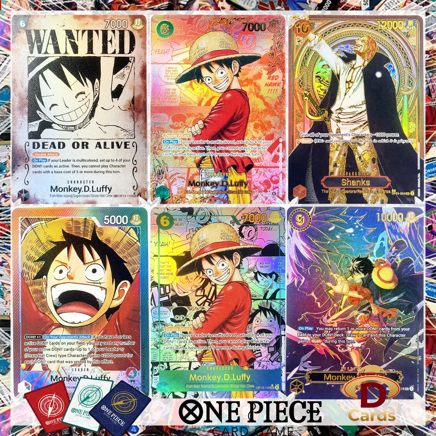 Фото Коллекционный набор карт OP13 One Piece: «Последующие шаги по его пути» — Луффи, Шанкс, Сабо, голографические аниме-карты-реплики №1