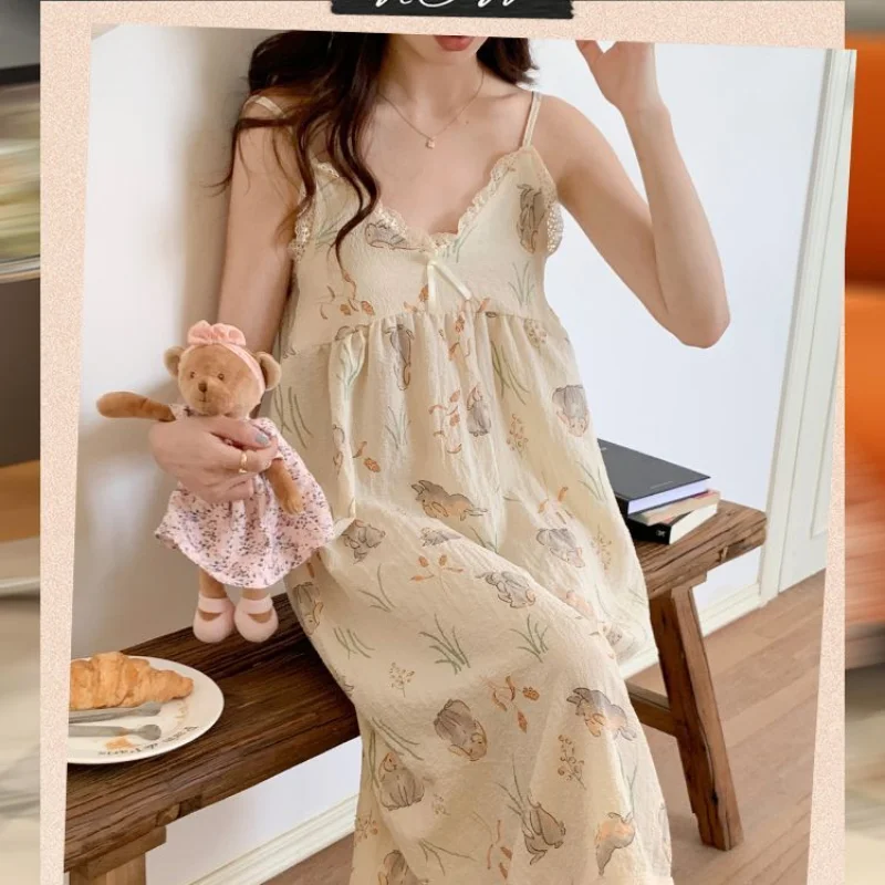 QWEEK Rabbit Print Sleepwear Gauze Kawaii Cotton Sweet Women Clothing Korean Spaghetti Strap Loungewear