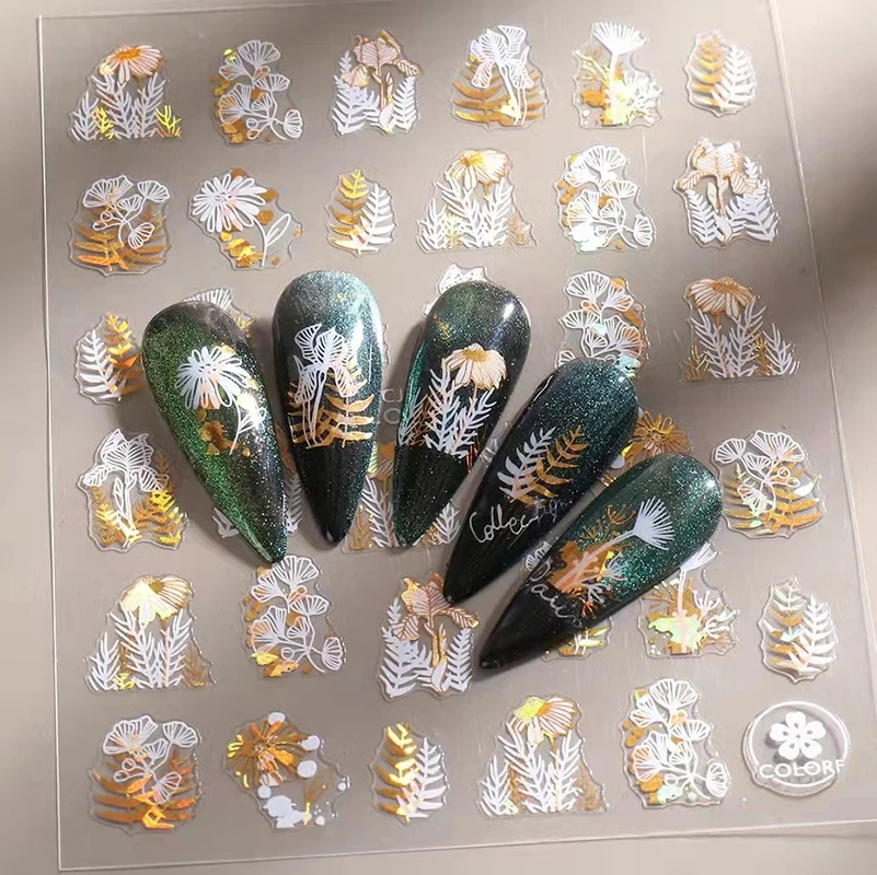 

Наклейки для дизайна ногтей, листья, Слайдеры для ногтей, золотые, белые, бронзирующие цветы, градиентные клейкие наклейки, аксессуары для д...