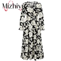 mizhiyu 2022 womens fashion summer sexy v neck black and white floral boho beach dress elegant ruffled mid sleeve dress