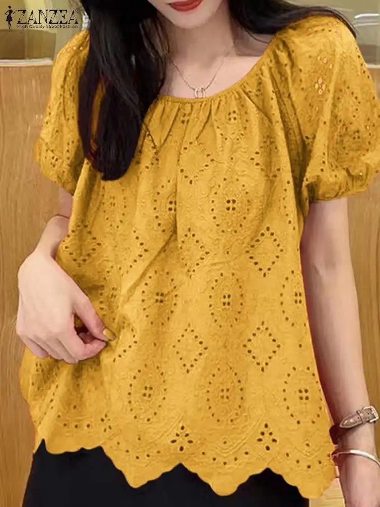 Кружевные лоскутные Блузы ZANZEA с вышивкой Элегантные повседневные топы круглым