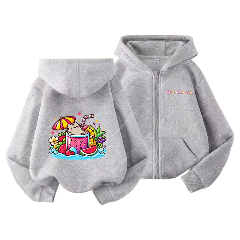 Pusheens Girl Anime Cute Jacket Spring Autumn Thin Zipper Hoodies Kids Cartoon Casual Jackets Children Fashion Clothing Top Gift