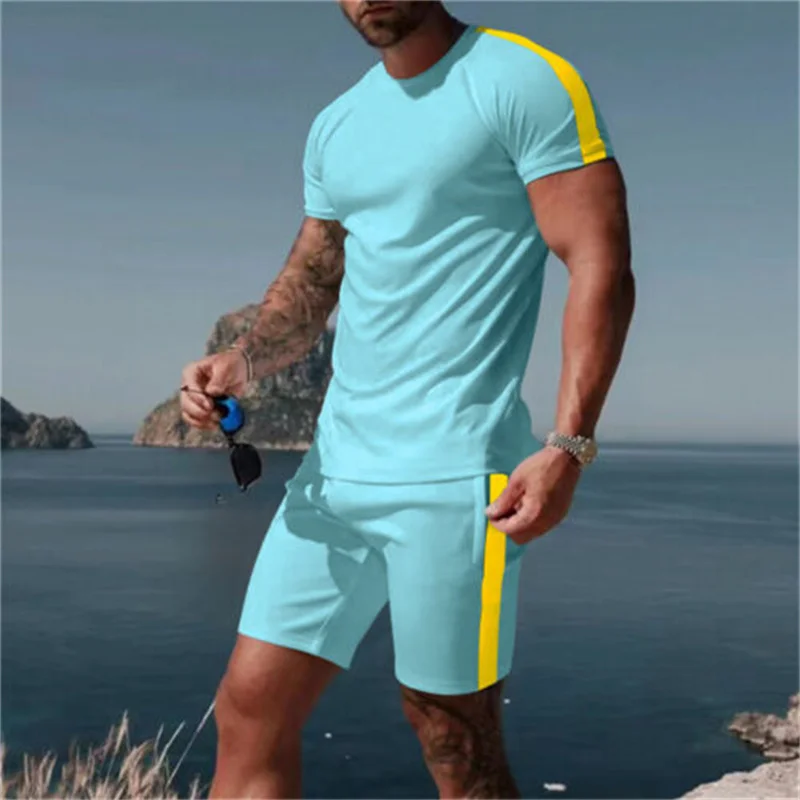 Summer Men's T-shirt Suit Solid Color Simple Casual Sweatshirt A Set Of Short-Sleeved Shorts Two Pieces Of Street Wear Clothes