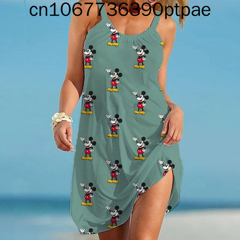 

Disney Mickey Mouse Summer Print Mickey Anime Long Dress Party Ladies Casual Outdoor Beach Dress Sleeveless Knee Length Dress