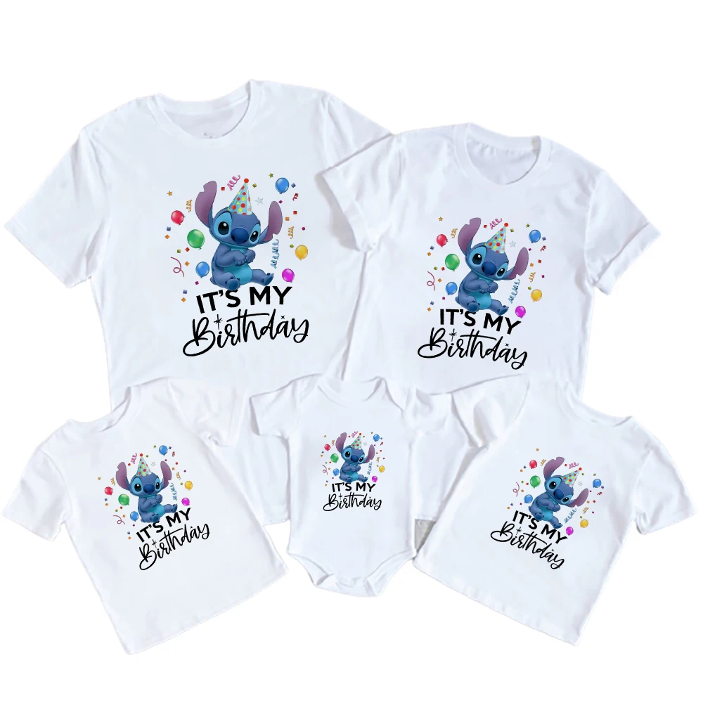 

Disney Cute Stitch Family T-shirts Kids Birthday Clothes Set Party Fashion T Shirt Women Summer Baby Toddler Bodysuits Dropship