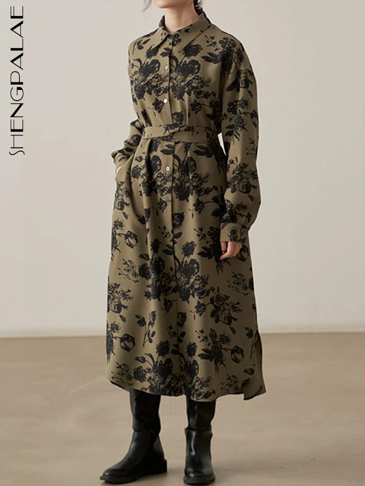 

SHENGPALAE Floral Dress For Women Korean Fashion Lapel Full Sleeve Bandage Casual Vintage A-line Vestido Autumn 2023 New 5R5402