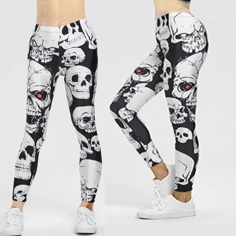 Women Gothic Punk High Waist Yoga Leggings Halloween Skull for Head Digital Printed Sports Workout Pants Stretch Exercise 10CE