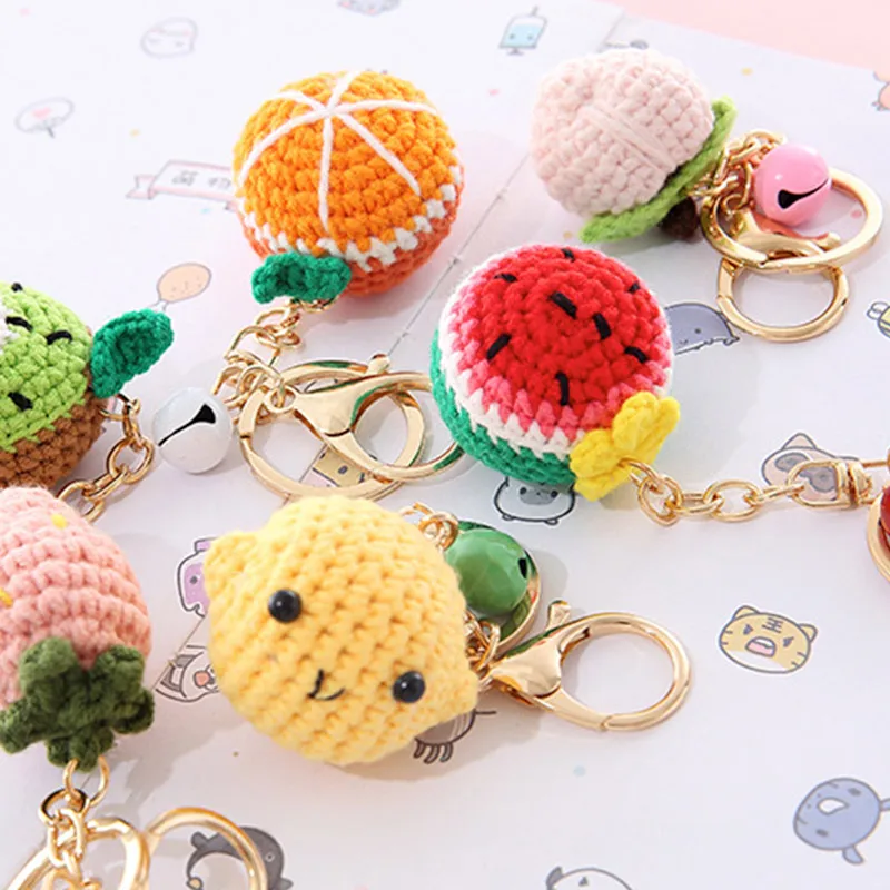 

10 Styles Strawberry Peach Watermelon Lemon Orange Donut Knitted Keychain Creative Cute Car Bag Pendant Ring Birthday Party Gift