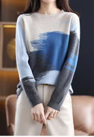 2022 new autumn casual o neck full sleeve patchwork color print woman pullover sweater