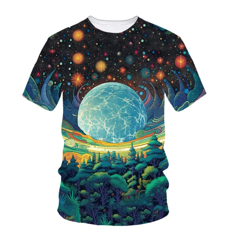

Summer Cartoon Landscape Pattern 3d Printed Men'S T-Shirt Trend Handsome O Collar Comfortable Neutral Quality Short Sleeve Top