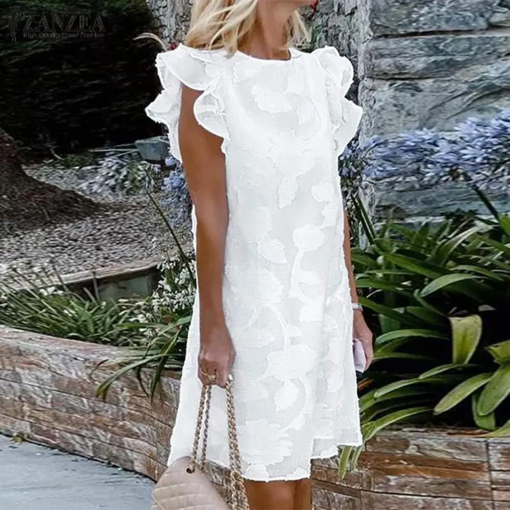 

Thin Popular Summer Women Ruffles Short Sleeve Sundress Knee-length Elegant Dress Round Neck for Daily Wear