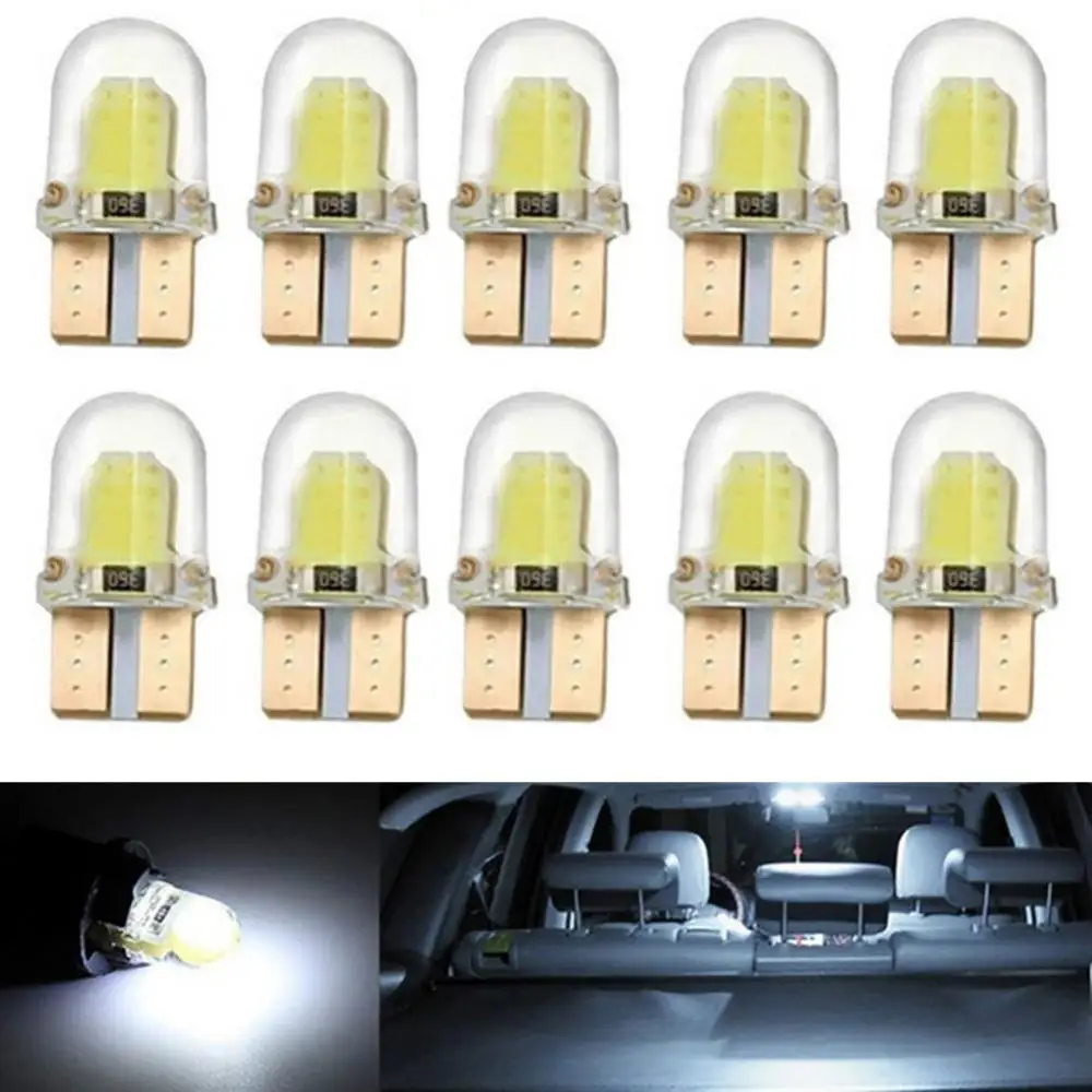

10 шт., белая фотолампа T10 W5W COB Canbus, силиконовые лампы
