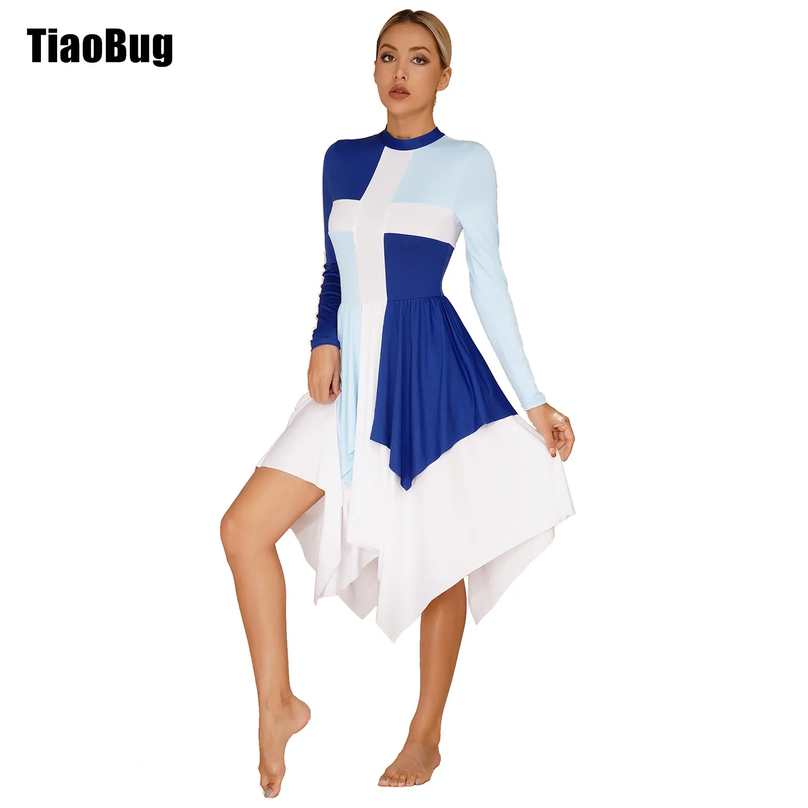 

Womens Color Block Patchwork Liturgical Dance Dress Choir Performance Costume Mock Neck Long Sleeve Irregular Hem Dresses