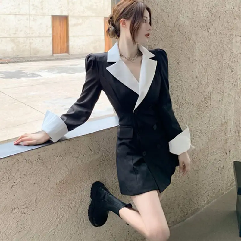 Женский офисный Блейзер длинное черное платье составного кроя на двойной