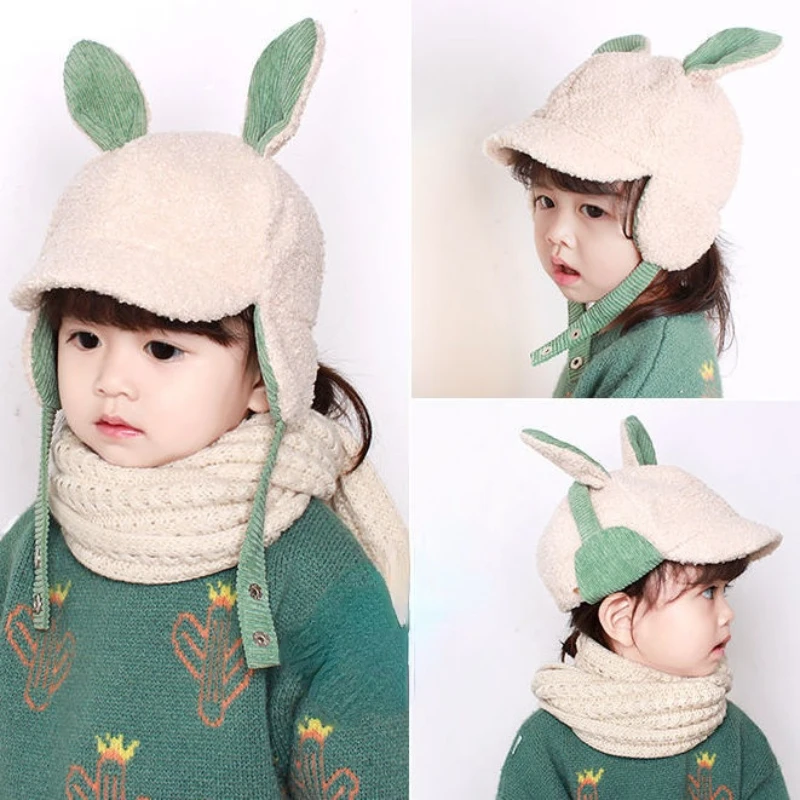 

2022 Baby Boys Girls Hat Kids Rabbit Ears Children Ear Flap Muff Winter Warm Plush Cotton Cap Outdoor Lei Feng Cap Beanie Hat