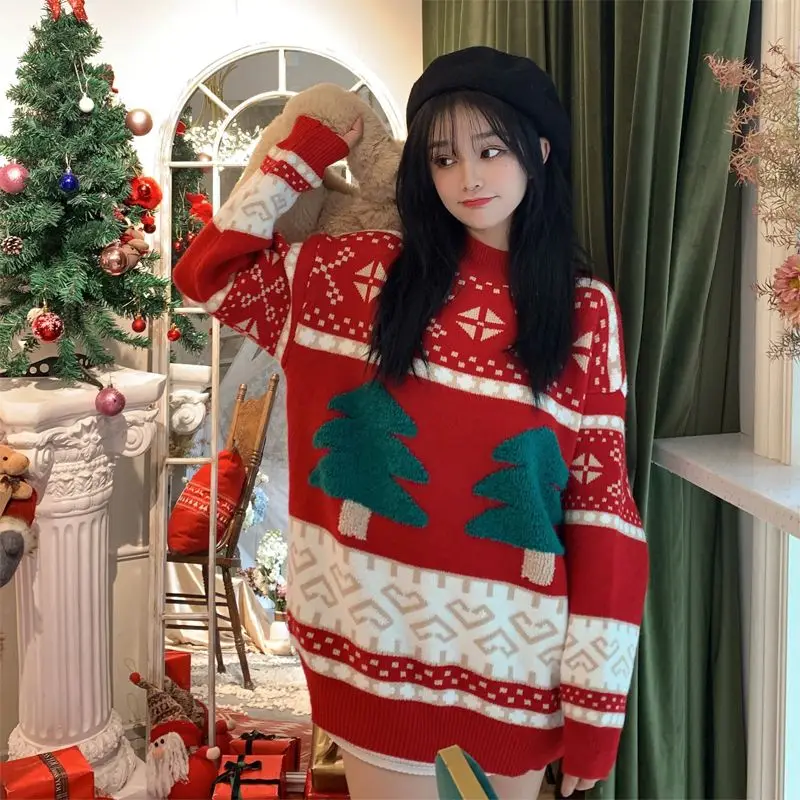 Рождественская серия вязаный свитер с круглым вырезом женский 2024 осень-зима
