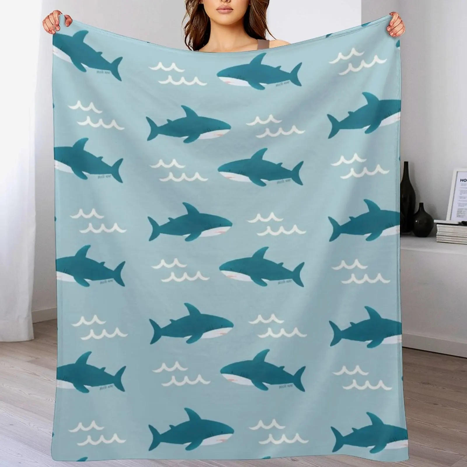 Brucie/Blahaj ikea с рисунком акулы (бирюзовое) пледы волосатое туристическое тяжелое