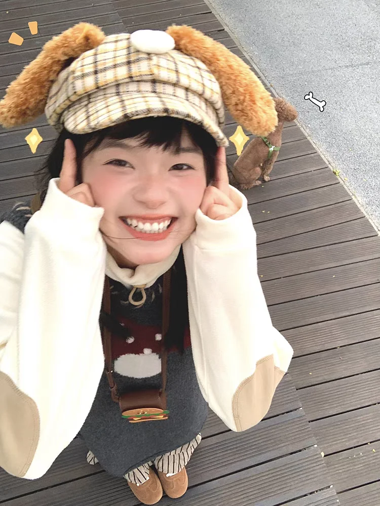 Butter Puppy Dog Plush Ears Plaid Hat Women Autumn and Winter Cute Warm Face Slimming Octagonal Beret
