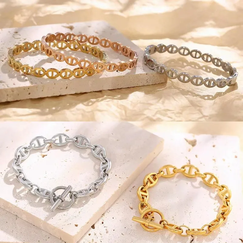 

Лидер продаж 2023, гальванизированный женский браслет из нержавеющей стали с гальваническим покрытием из золота K, классический ажурный мужской модный ювелирный подарок для пары