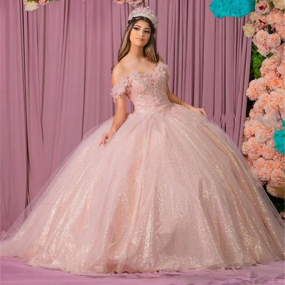 

Pink Shiny Ball Gown Quinceanera Dresses Beaded Off Shoulder Tulle Sequined Sweet 15 16 Dress Party Wear 2022