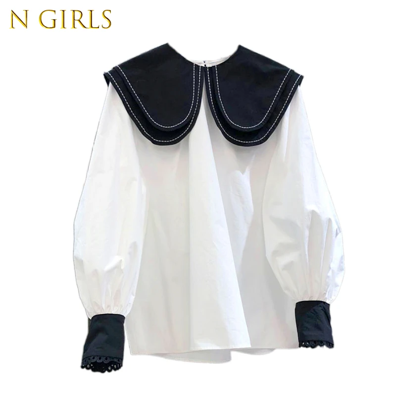 

Женская блузка с воротником «Питер Пэн», рубашка контрастных цветов в Корейском стиле с рукавами-фонариками, новые женские топы, весна 2022