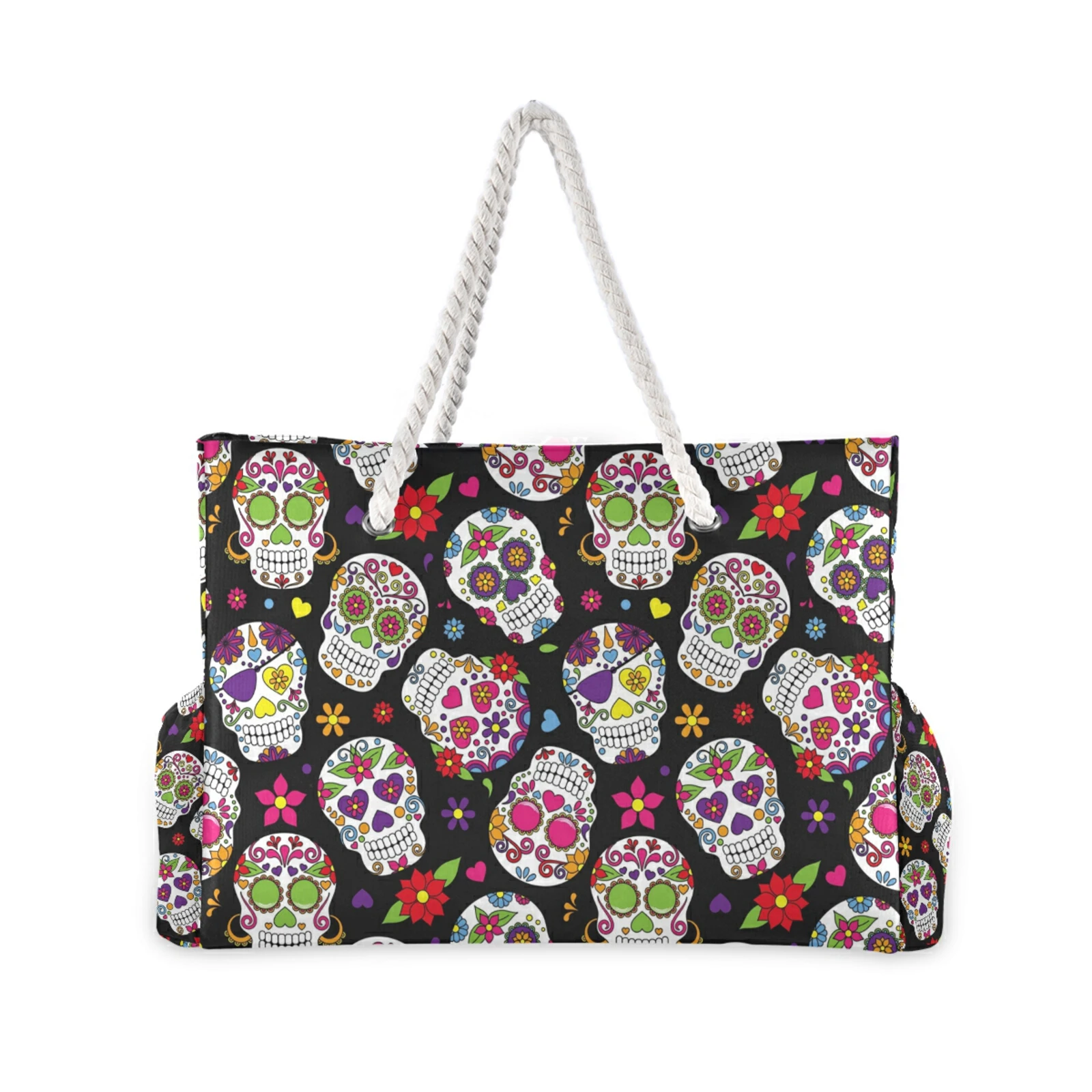 Большая пляжная сумка-тоут для женщин Холщовый тоут с принтом сахарного черепа