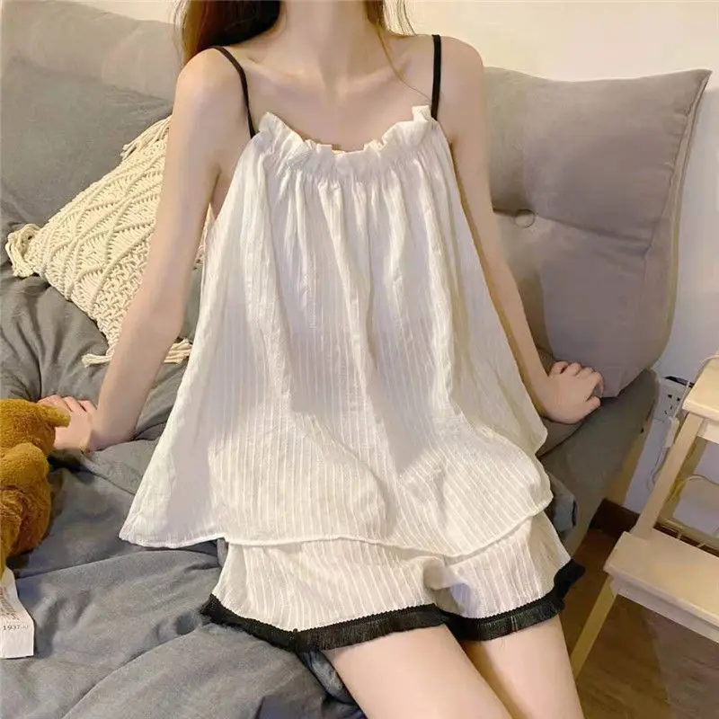 Women's Sleepwear 2 Pcs Sets Tops+Shorts Sexy Striped Short Satin Sleeveless White Pyjama Sets