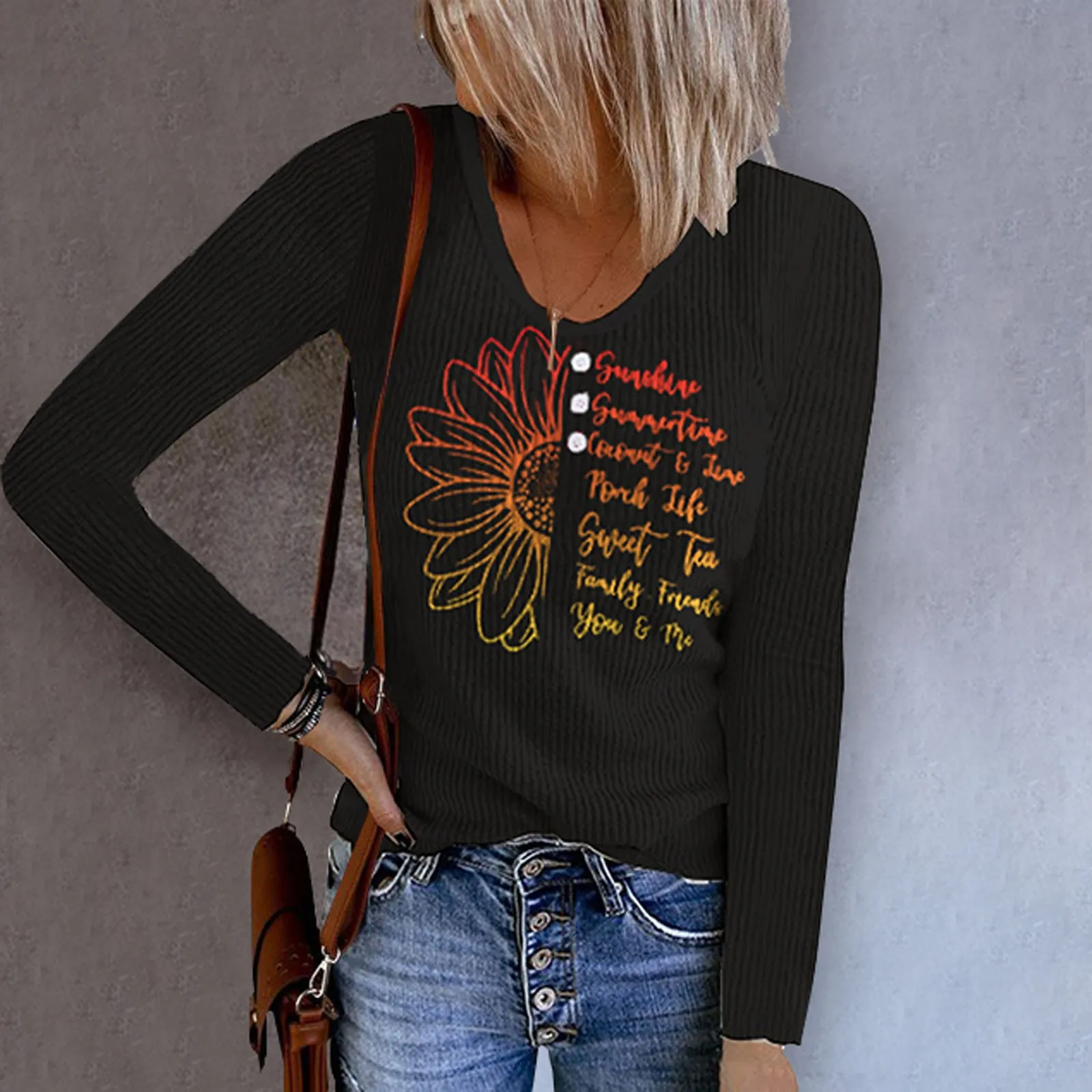 

Женская трикотажная футболка в рубчик, с длинным рукавом и круглым вырезом, на пуговицах, Осенний топ с принтом, Vestidos Robe Femme