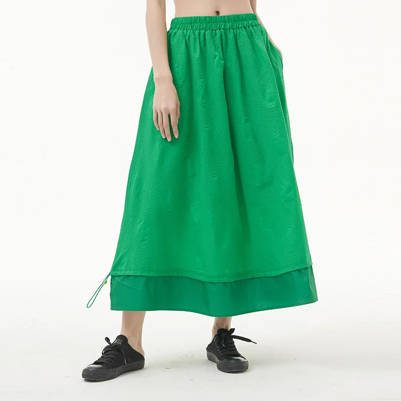 

Johnature New Casual Solid Color Women Skirts 2022 Spring Summer Fashion Elastic Waist Drawstring Patchwork Female Skirts