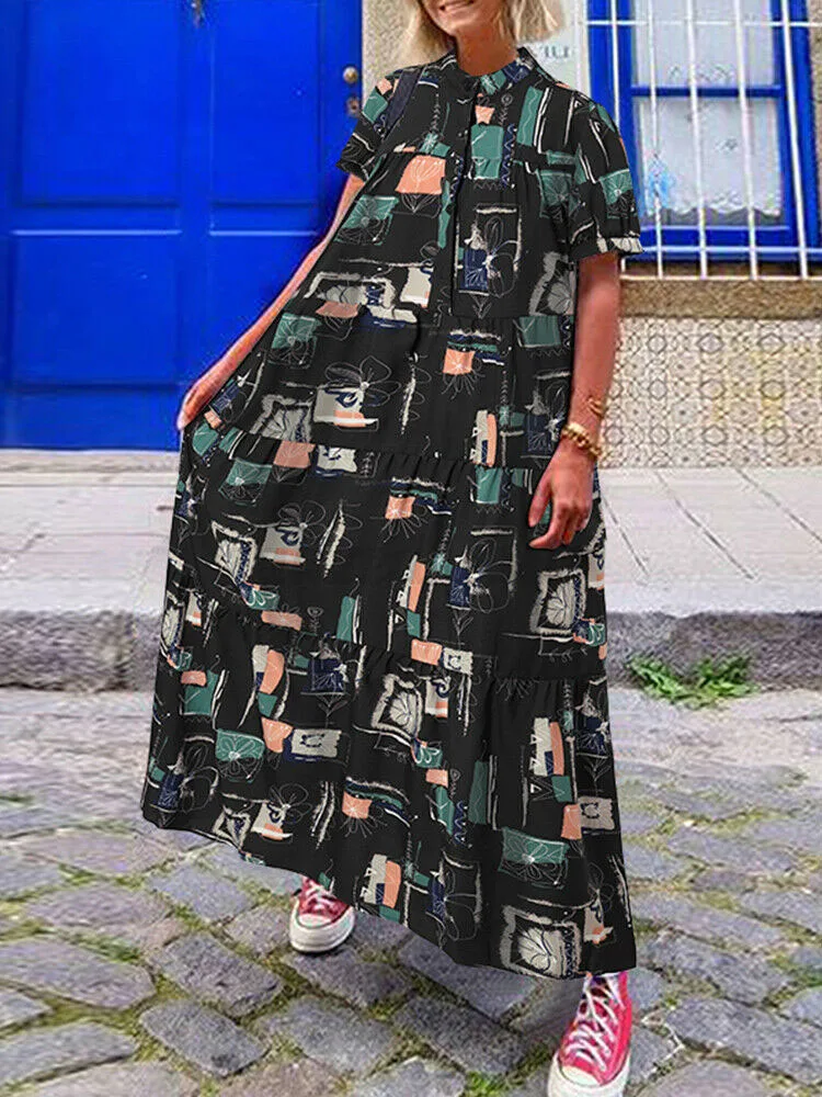 

Женское офисное платье-рубашка, элегантное свободное платье макси с принтом, уличное длинное платье на пуговицах с коротким рукавом