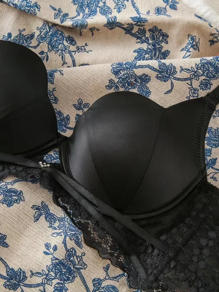 Petal cup bra and panty set thin cup bralette gathered brassiere with no mark finished with creamy white black girl underwear