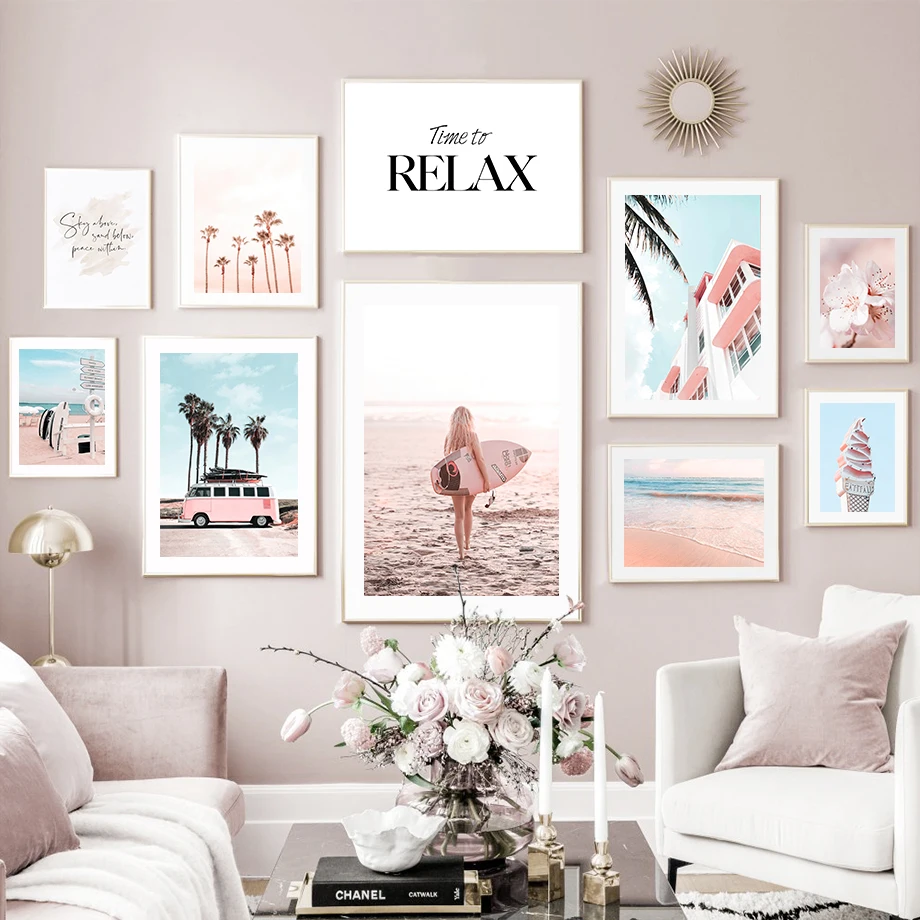 

Wall Art Canvas Painting Surf Girl Vintage Van Peach Flower Beach Nordic Posters And Prints Wall Pictures For Living Room Decor